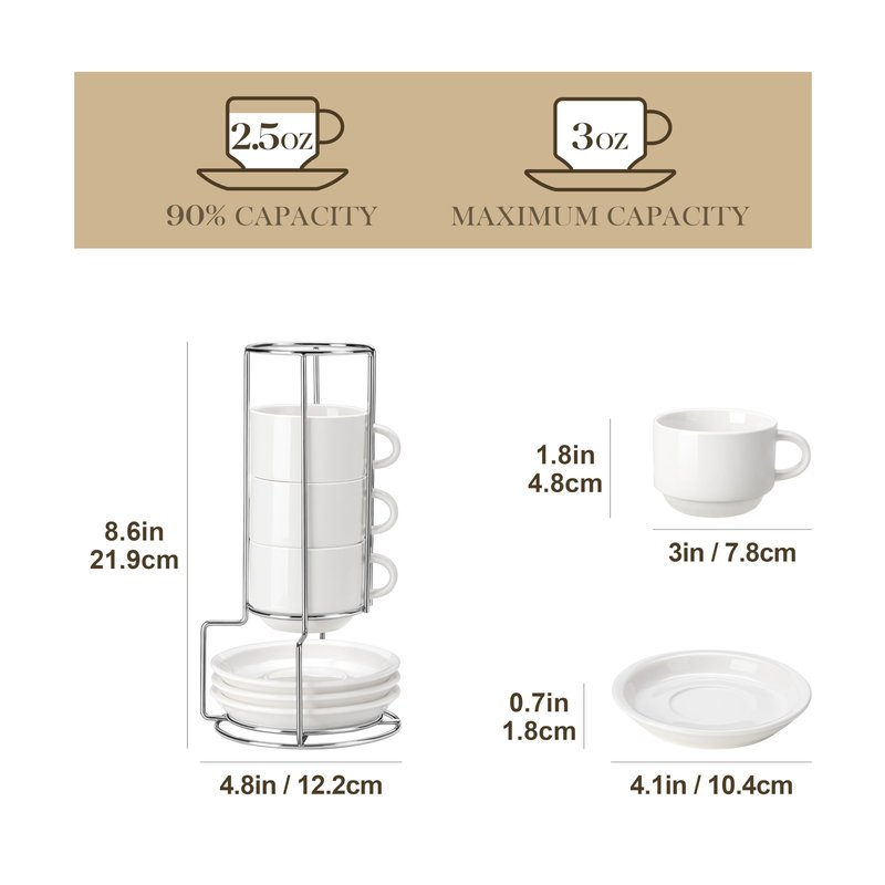 MALACASA 2.5 OZ Porcelain Espresso Cups with Saucers and Metal Stand Set of 4, Stackable Cappuccino Cups, White Expresso Shots Cup Set for Coffee Drinks, Latte, Tea