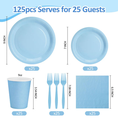 CENLBJ Light Blue Paper Plates and Napkins Party Supplies, Include 9’’Disposable Blue Plate, 7’’Dessert Plates Cups Napkins Forks for Baby Shower, Wedding, Birthday Decorations, Serves 25