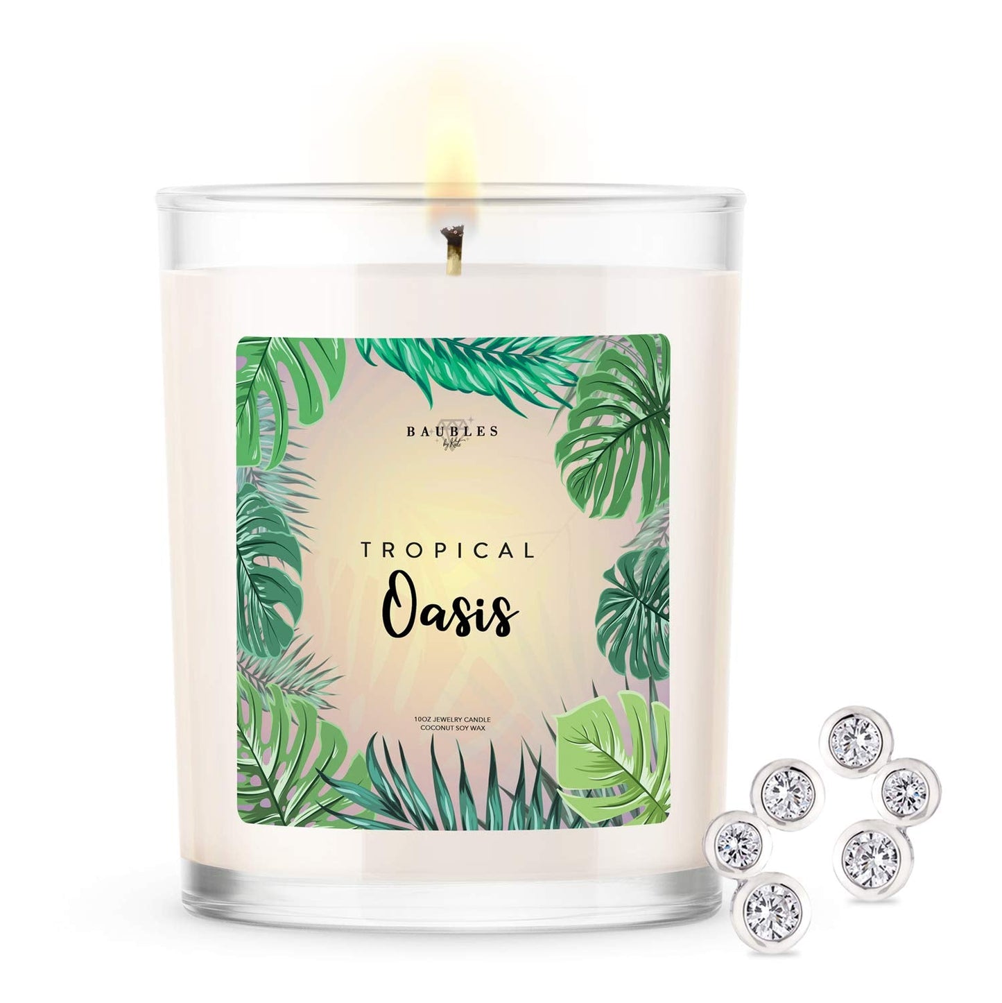 Kate Bissett Baubles Tropical Oasis Scented Premium Candle and Jewelry with Surprise Earring Inside | 10 oz Large Candle | Made in USA | Parrafin Free