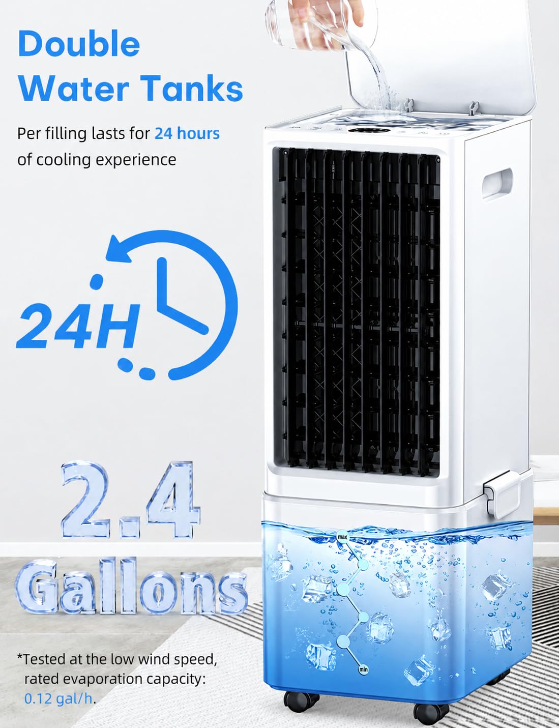 COOLECH Windowless Air Conditioner w/4 Mode&3 Speed, Waterless Alert, 2.4-Gal Tank for 24H Cooling, 12H Timer,20FT Remote, 70° Auto Swing Evaporative Air Cooler, Portable Air Conditioners for Bedrooms