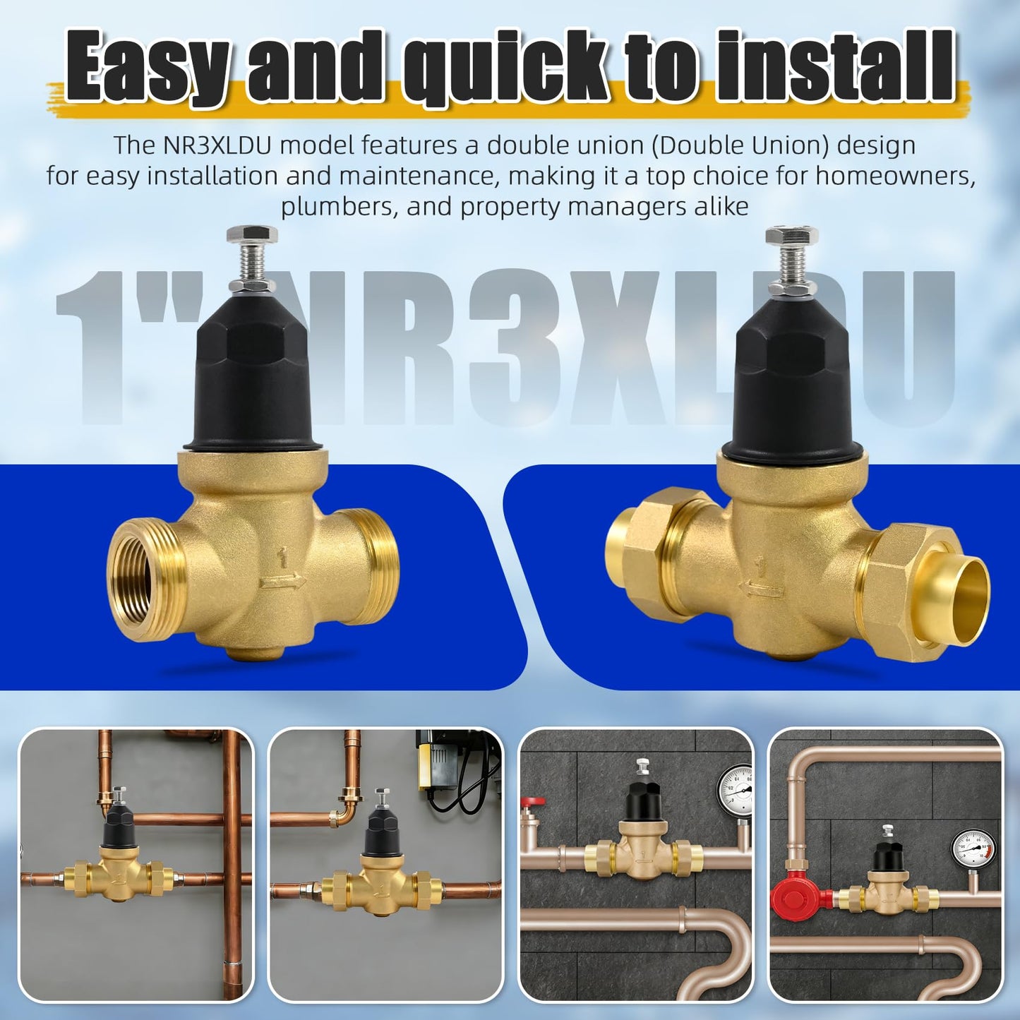 1-NR3XLDU 1" NR3XLDU Water Pressure Reducing Valve, 1" NR3XL with Double Union FNPT Connection,1 Inch NR3XLDU 15-75 PSI, Built-In Stainless Steel Strainer for Home, Commercial, Plumbing Applications