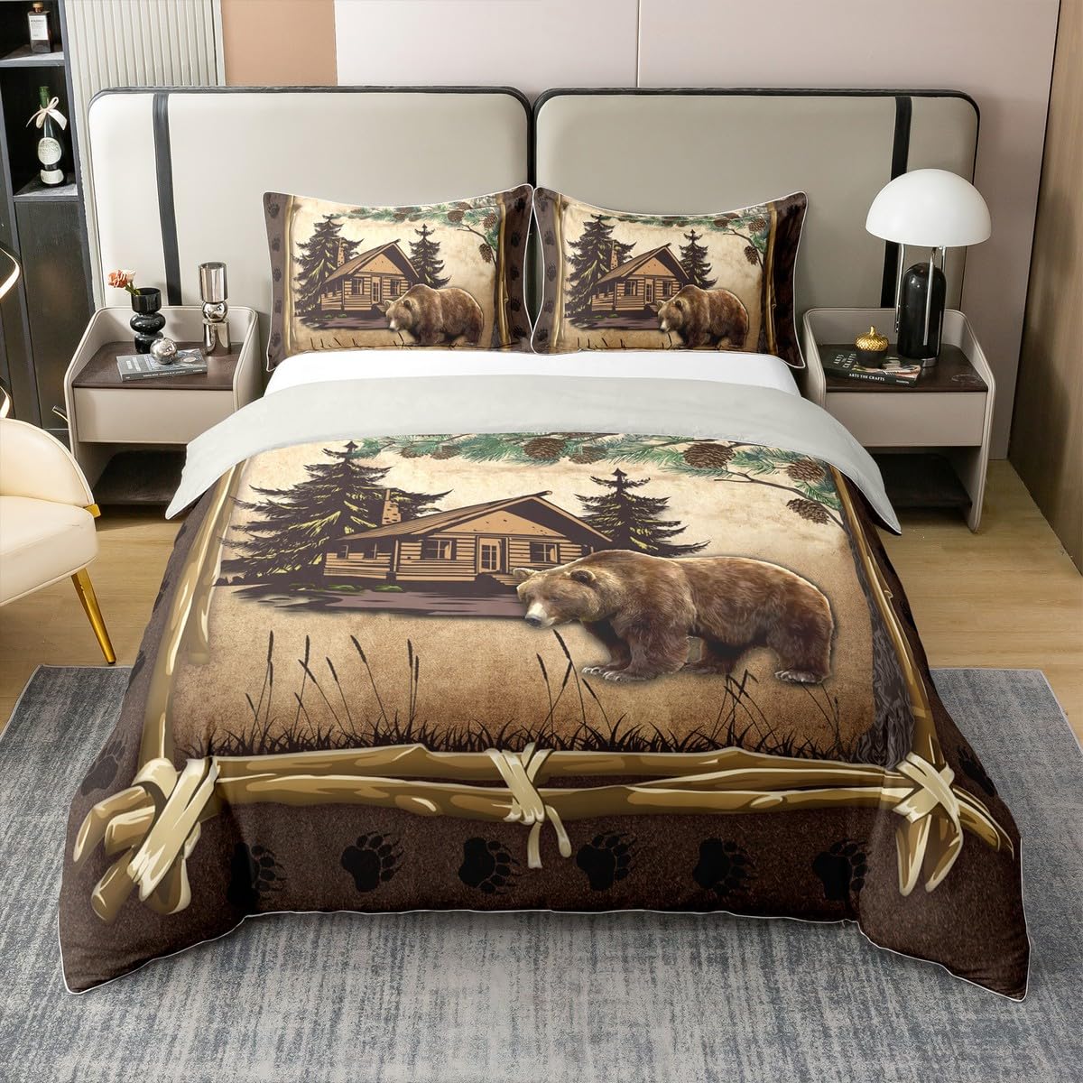 100% Cotton Jungle Wooden Cabin Duvet Cover,Outdoor Adventure Wild Bear Pine Tree Bedding Set for Room Decor,Retro Wood Frame Bear Wildlife Paw Print All Season Comforter Cover (No Comforter) Queen