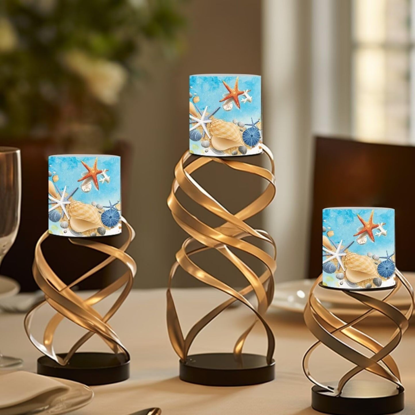 NETILGEN 4 Packs Flameless Candles with Remote Timer Color Changing Realistic Flickering Flameless Candles Set of 4 Battery Operated Candles Beach Seashell Starfish Print