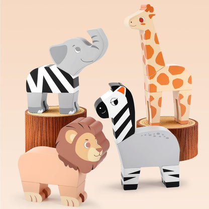 Joyreal Magnetic Jungle Animals Toy Play Set, 16 Pcs Wooden Building Blocks Play Set Toy for 1 Year Old, Fine Motor Montessori Game Preschool Educational Gift for Ages 1-5