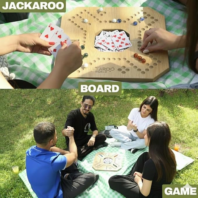Jackaroo Board Game 2-4 Player Marble Strategy Game Solid Wooden Game with 16 Glass Marbles and 52 Cards Marbles and Jokers Board Game Marble Chase Game Foldable Board with Carry Bag (Oak)