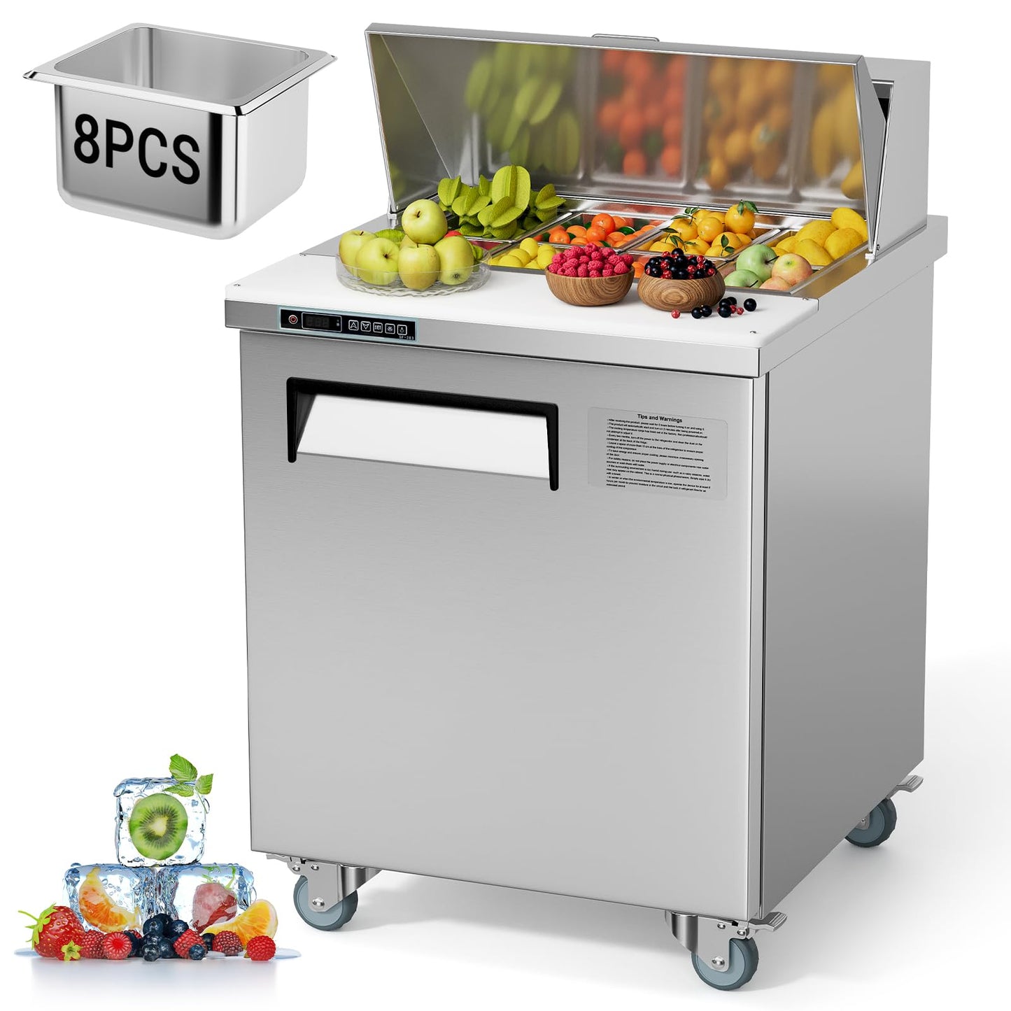 GAOMON Commercial Refrigerator, 28" Sandwich & Salad Prep Table, 7.42 Cu. Ft Stainless Steel Refrigerated Food Prep Station with 8 Pans, Cut Board, 1 Door Worktop Fridge with lock for Restaurant