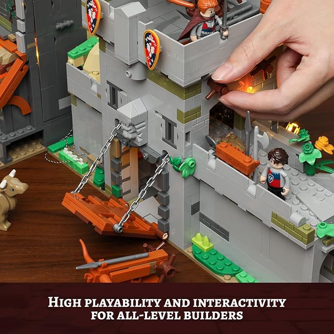 FUNWHOLE Medieval Watchtower Lighting Building-Bricks Set - Guardiance Castle with Soldier Farmer Minifigures Collectible Display Set 1625 Pcs for Adults and Teen