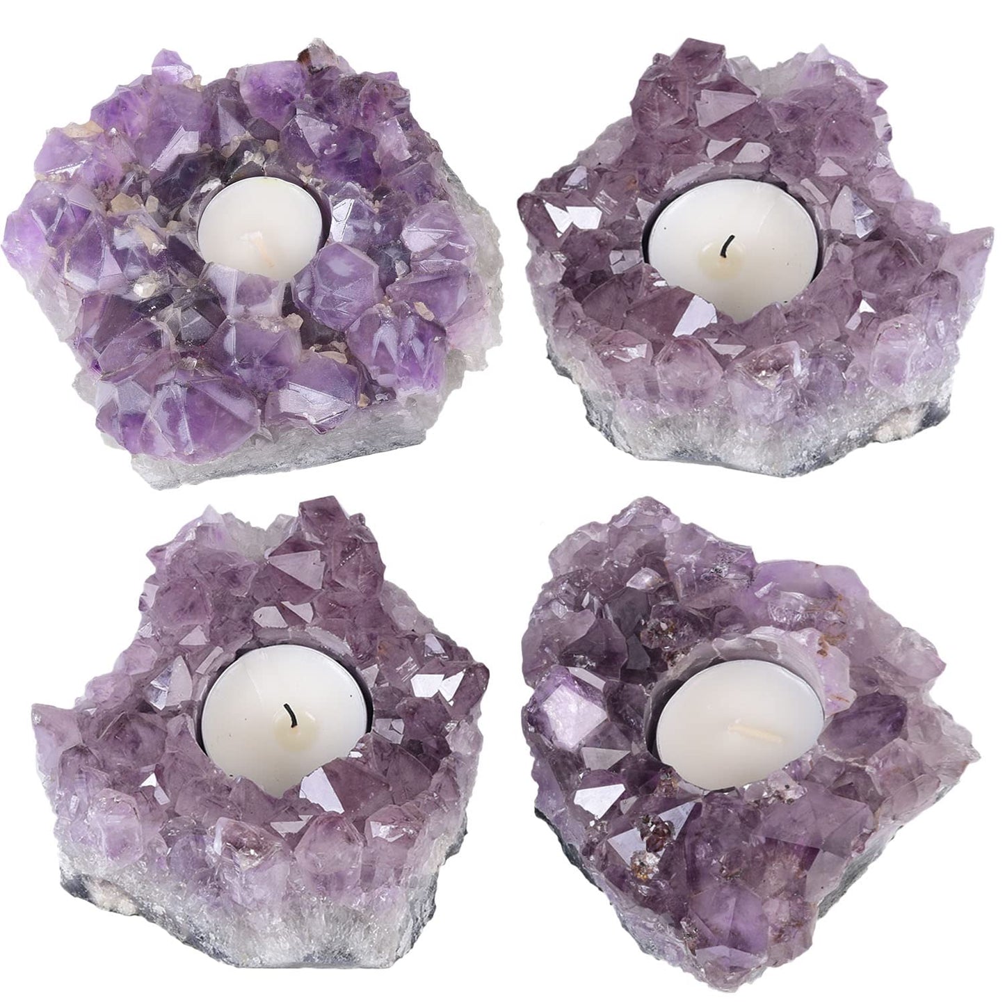 JIC Gem Natural Purple Amethyst Crystal Candle Holder Tealight Stand Home Decoration 4.5 Inch