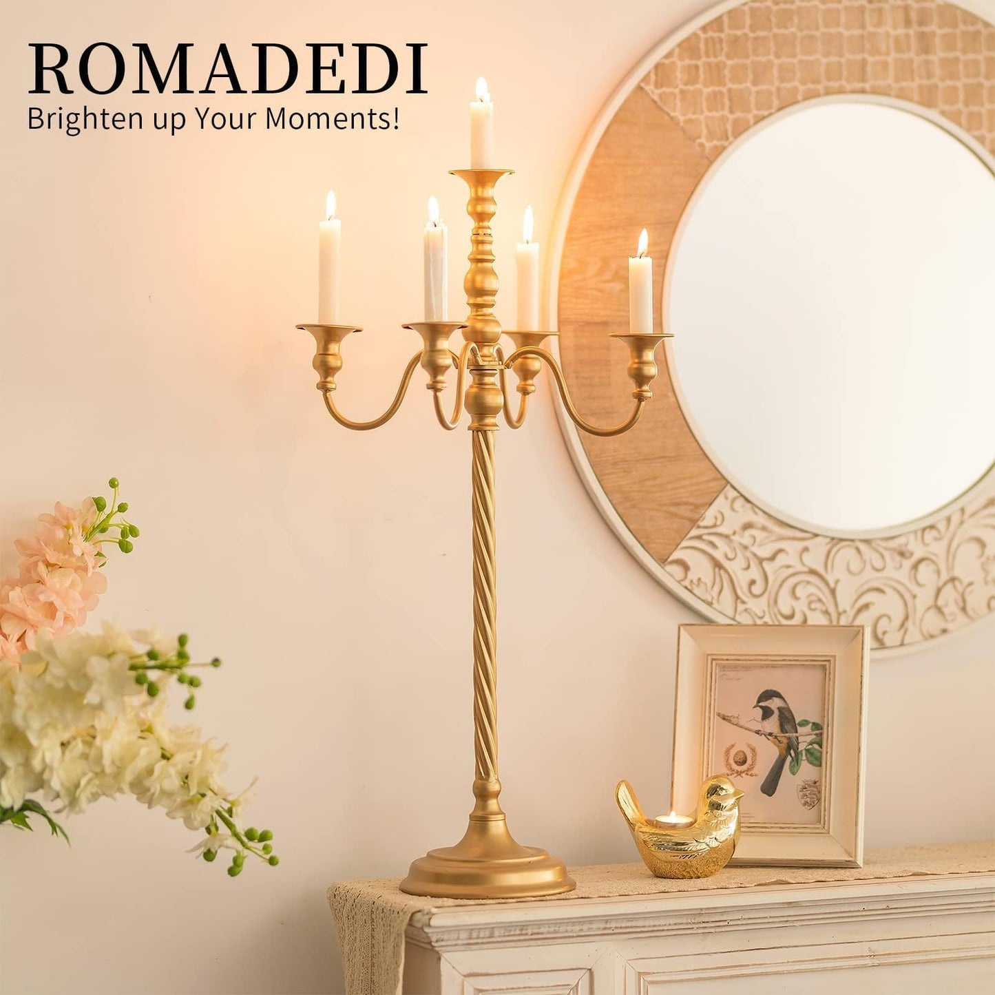 Romadedi Candelabra Gold Candle Stand: 28" Tall 5-Branch Candlestick Holder for Wedding Centerpiece Decor Christmas Holiday Event Reception Decoration,2Pcs