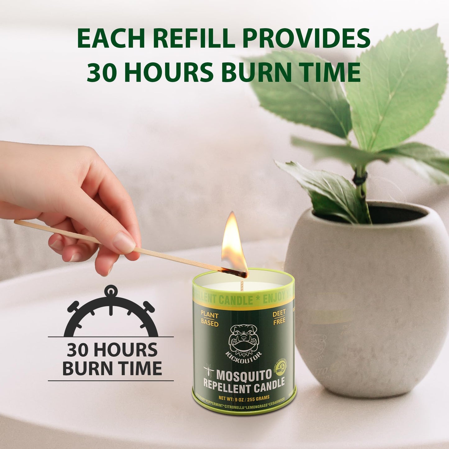 KICKOUTOR® Mosquito Repellent Citronella Candles Outdoor, 2-Pack | Total 18 Ounce 60-Hour DEET-Free Bug Protection for Patio Camping Picnic Backyard Room, Infused with 5 Plant Essential Oils