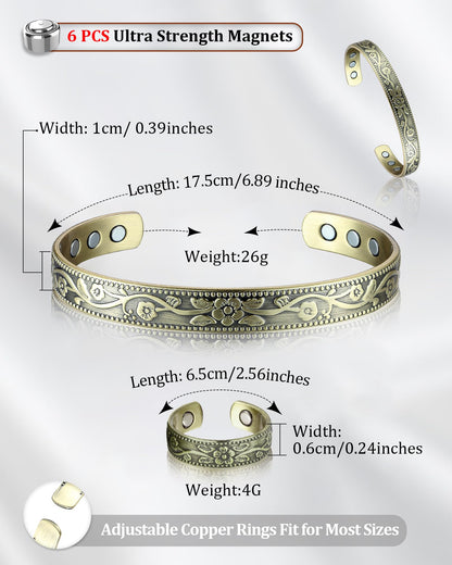 BioMag Copper Bracelet & Ring for Women, 99.99% Pure Copper Magnetic Bracelet Lymphatic Drainage Rings with 3500 Gauss Magnets, Adjustable & Flower Pattern (Antique Bronze Tone)