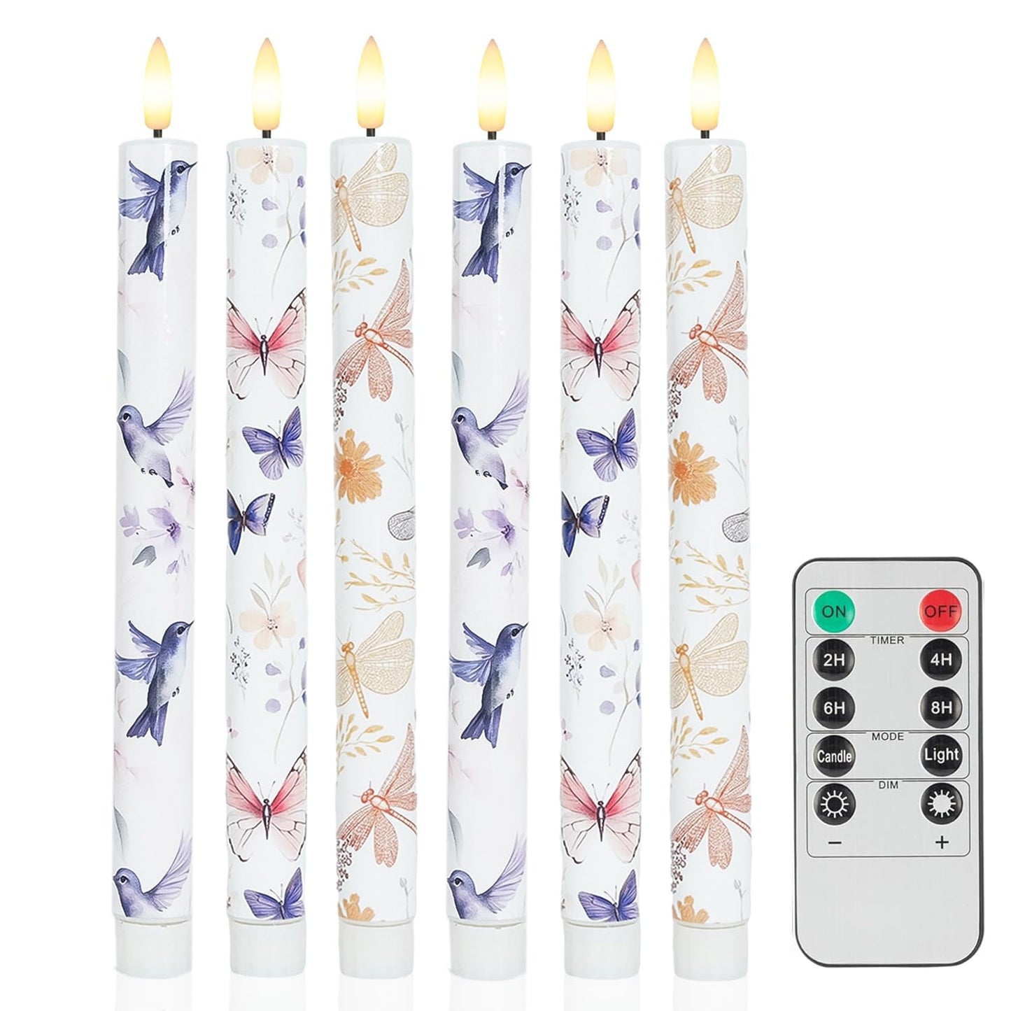 MAITREYA Flameless Taper Candles Dragonfly Butterfly Hummingbird Decor Candle Battery Operated Led Candlesticks for Wedding Party Home Table Centerpiece Christmas Halloween Gifts，10.6 Inch，6 Pcs