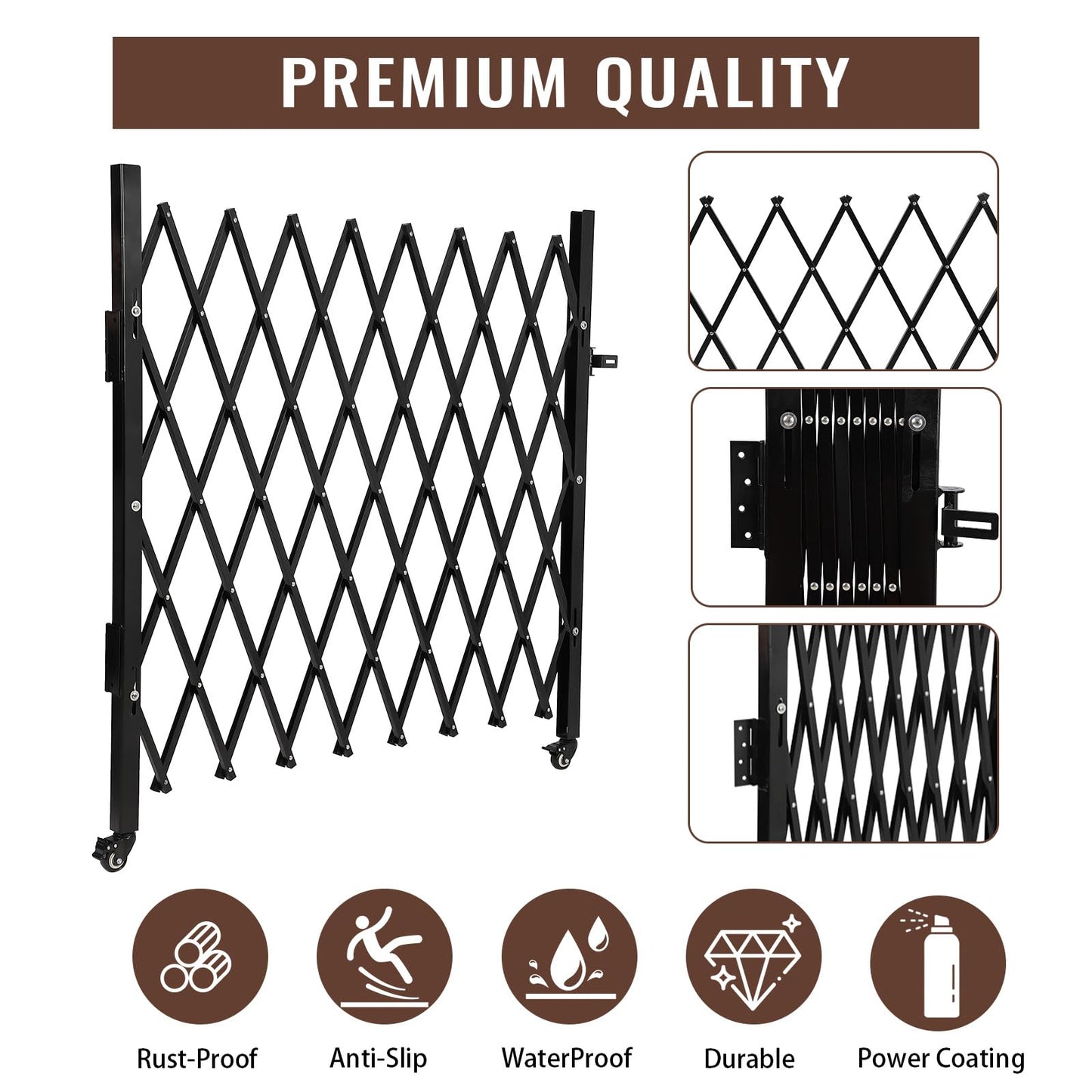 SierraSquad Single Folding Security Gate 85" H x 95" W, Steel Expandable Fence with 360° Rolling Wheels for Courtyard, Garage, and Garden Access Control