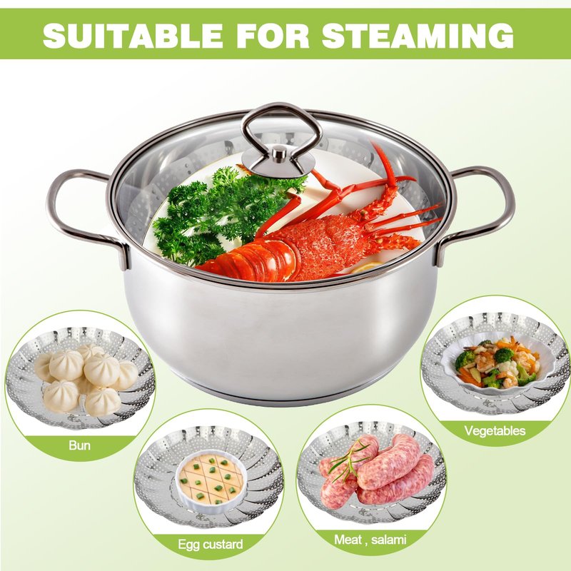 Vegetable Steamer Basket - Stainless Steel Folding Basket for Cooking, Vegetables, Fish, Pasta, Eggs, Fit Various Size Pot (5.5 inches to 9.2 inches)
