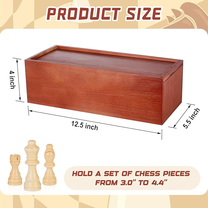 Heavy Slide-top Chess Pieces Storage Box Wooden Case Only 12.5 x 5.5 x 4 Inches with Flannel Lining with 2 Large Storage Compartments Hold a Set of Chess Pieces from 3.0 to 4.4