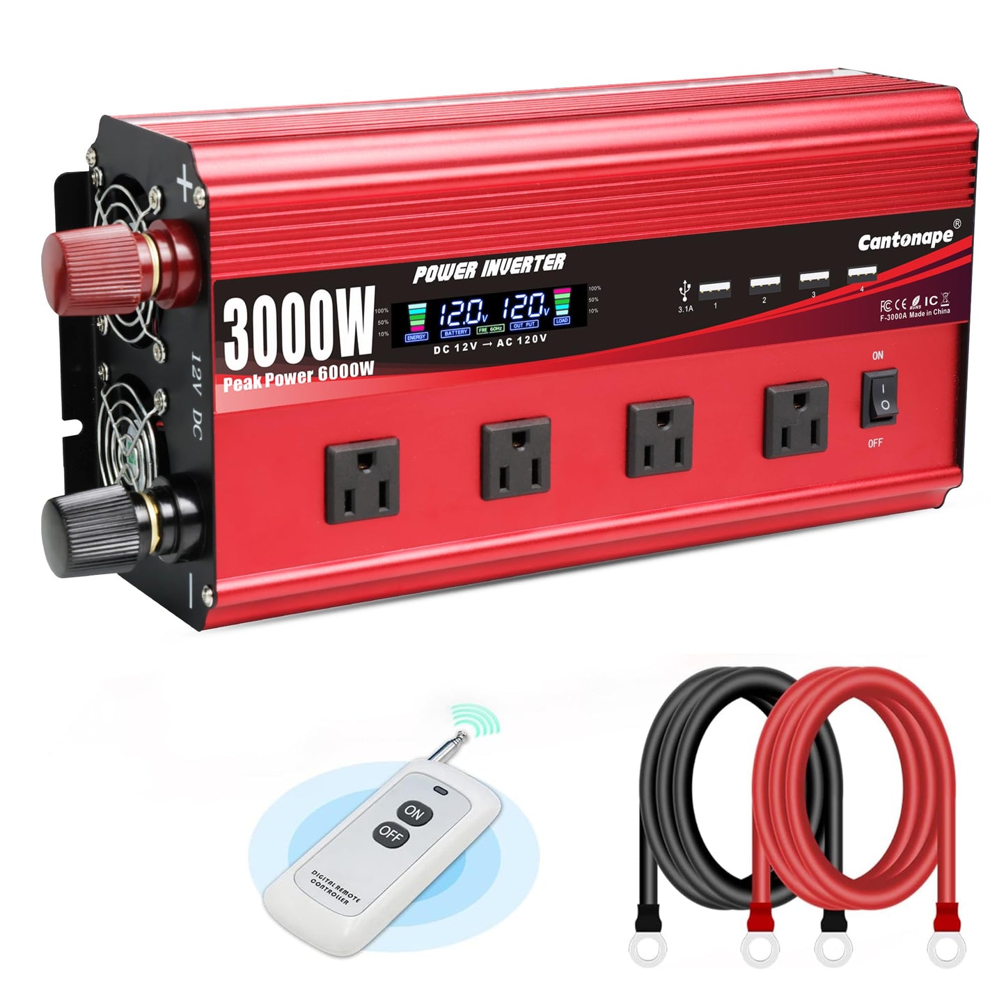 Cantonape 3000W Power Inverter 12V to 110V/120V DC to AC with LCD Display, Remote Controller 4 x AC Outlets and 4 x 3.1A USB Car Adapter for Car Truck Boat RV Solar System