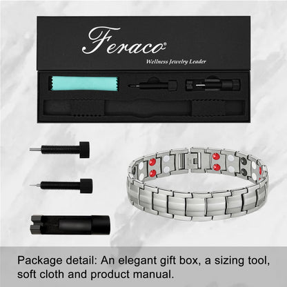 Feraco Mens Magnetic Therapy Bracelets Titanium Steel Bracelet with Double Row 4 Elements Magnets (Silver)