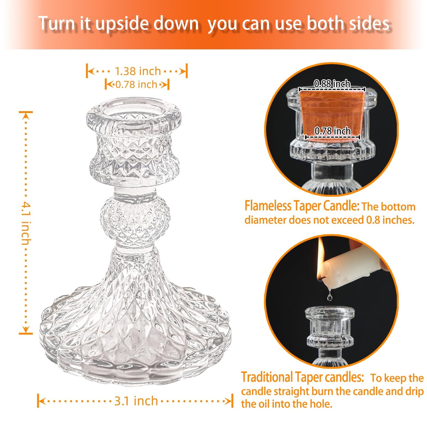 ECHFSM Glass Candlestick Holder,Striped Taper Candle Holders,Set of 6 Candle Stand for Table Centerpieces, Home Decor,Weddings,Festival and Parties (Clear Dimond Pattern)