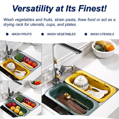 Extendable Sink Colander Strainer Basket - Wash Vegetables and Fruits, Drain Cooked Pasta and Dry Dishes - Adjustable Over the Sink Colander Collapsible Drainer Basket -Gray