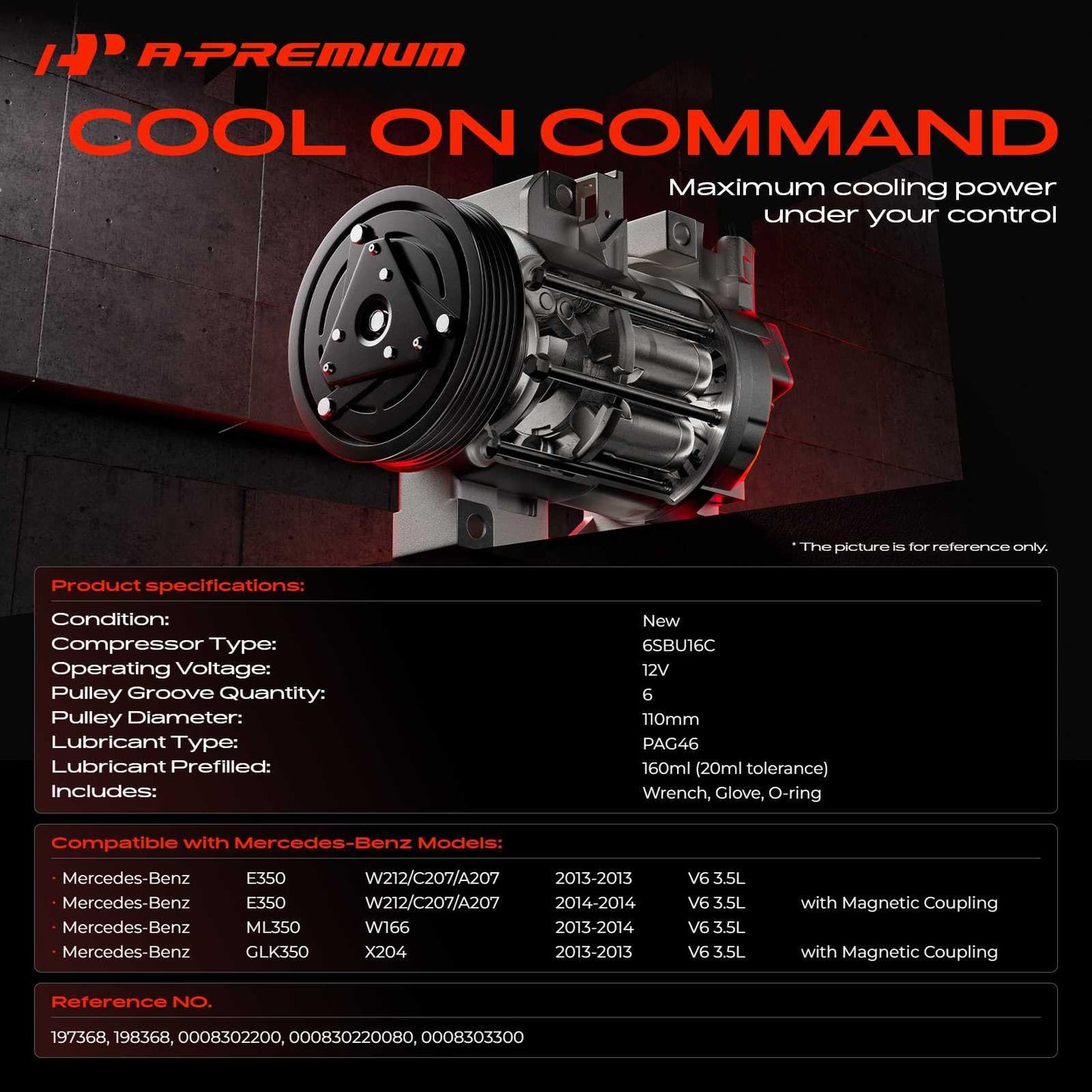 A-Premium Air Conditioner AC Compressor with Clutch Compatible with Mercedes-Benz E350 2013-2014, ML350 2013-2014, GLK350 2013, V6 3.5L
