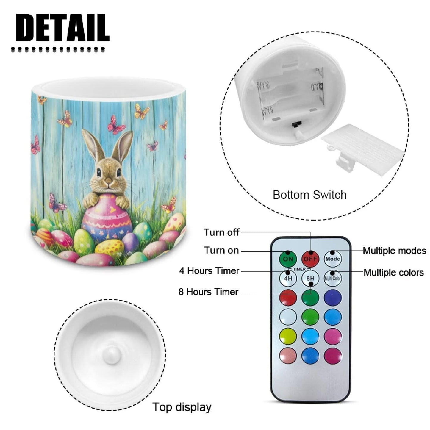 Merkmak 4 Pack Easter Day Flameless Candles with 18-Key Remote Battery Operated Candles with Timer Control LED Pillar Tea Lights for Party Home Decoration, Easter Egg Bunny Butterfly