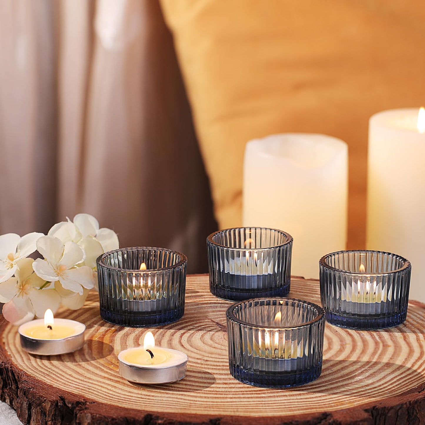 NITIME 30Pcs Blue Tealight Candle Holder, Ribbed Votive Candle Holders Glass with 32pcs Tea Light Candles for Wedding Decor, Home Decor and Party Decor