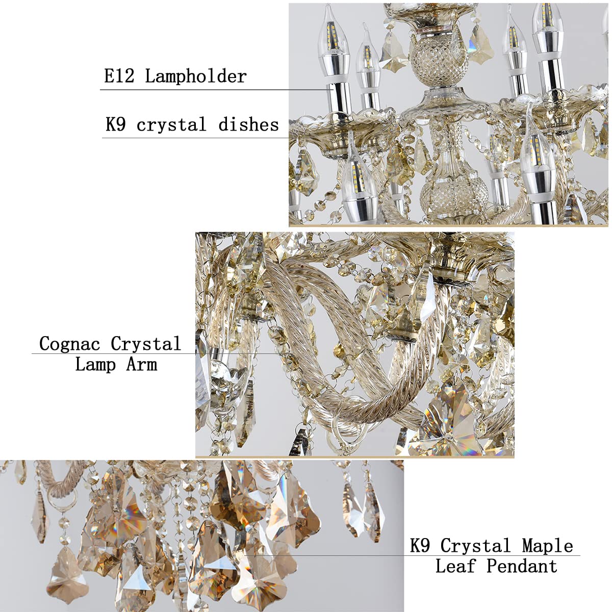 Durahonn Modern Elegant K9 Crystal Chandelier 8 Lights, Cognac Crystal Ceiling Pendant Light Fixture Candle Style E12 Base for Living Room Bedroom Hallway (8 Lights)