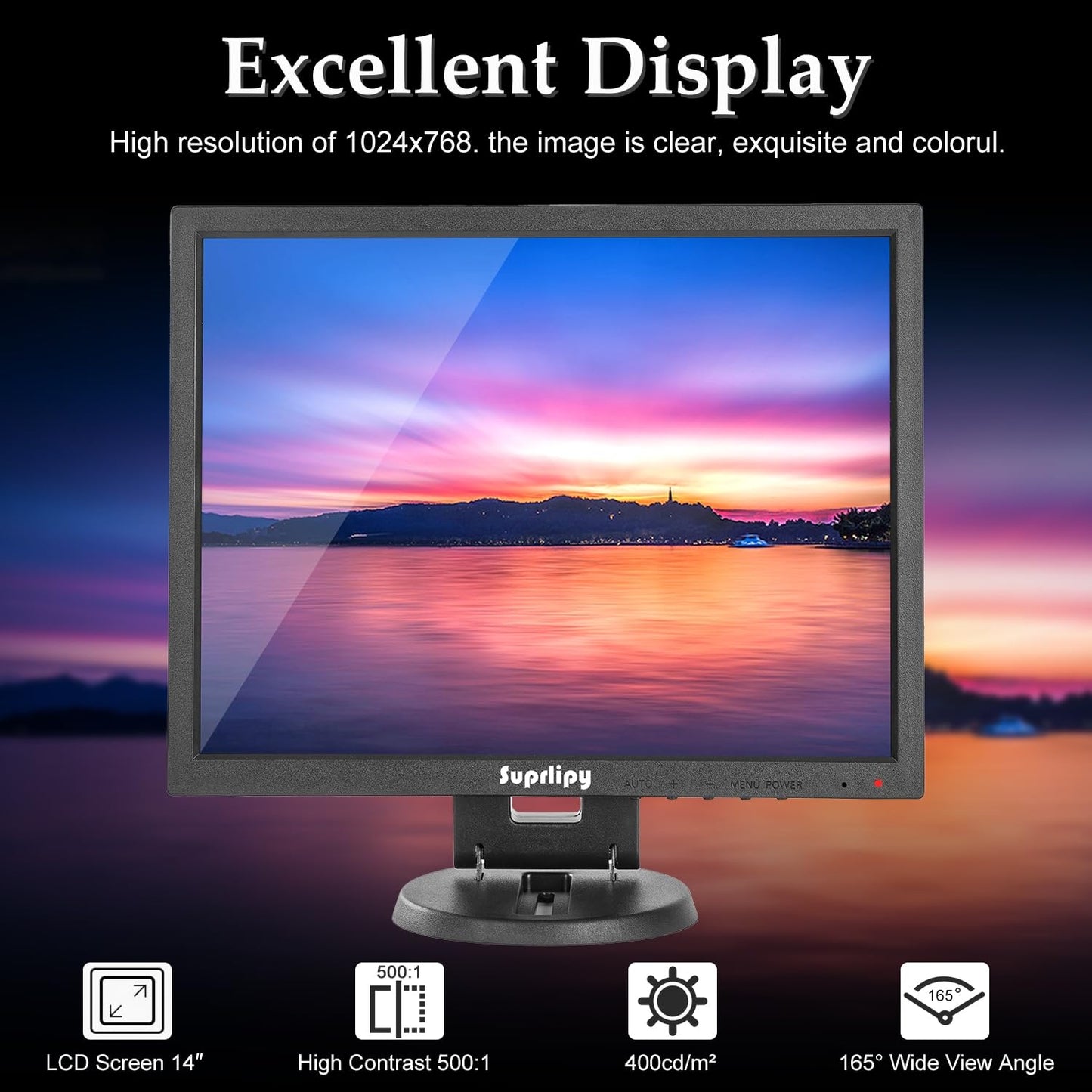 Suprlipy 14 Inch TFT LCD Security CCTV Monitor 1024x768 4:3 Resolution Color Display Screen with HDMI/VGA/BNC/AV Earphone Input Built-in Dual Speakers for Surveillance Camera DVR PC