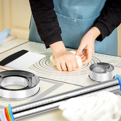 Dandat Rolling Pin with Adjustable Thickness Rings and Silicone Baking Pastry Mat Biscuit Cutter Bench Scraper Stainless Steel Dough Roller Rolling Pins for Baking Cookies Pie Pasta Pastries(Black)
