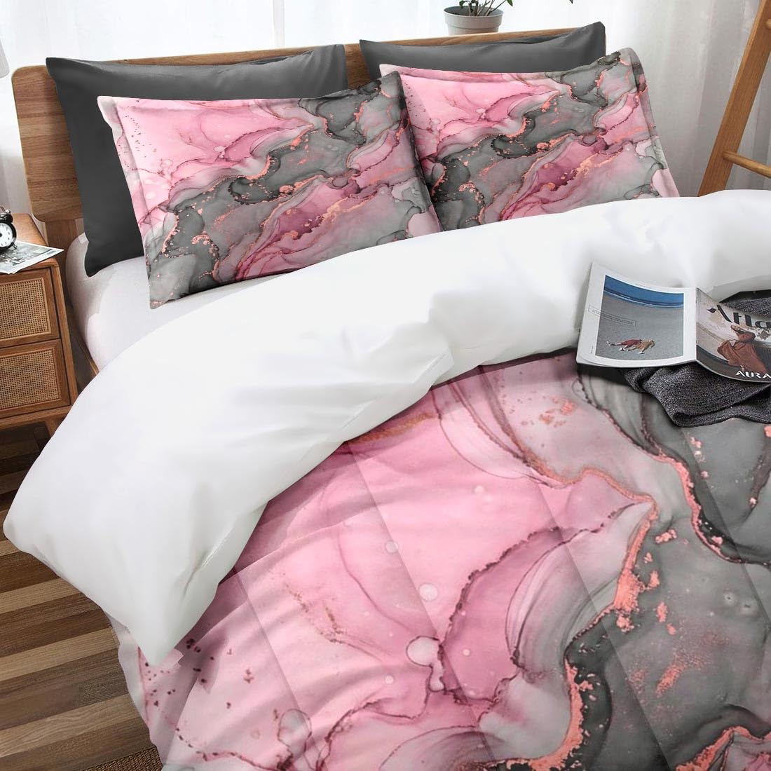 Nesphy Gray Pink Marble Comforter Set Queen Size, Natural Luxury Golden Abstract Soft Bedding Set with 2 Pillowcases for Adults Bedroom Bed Decor