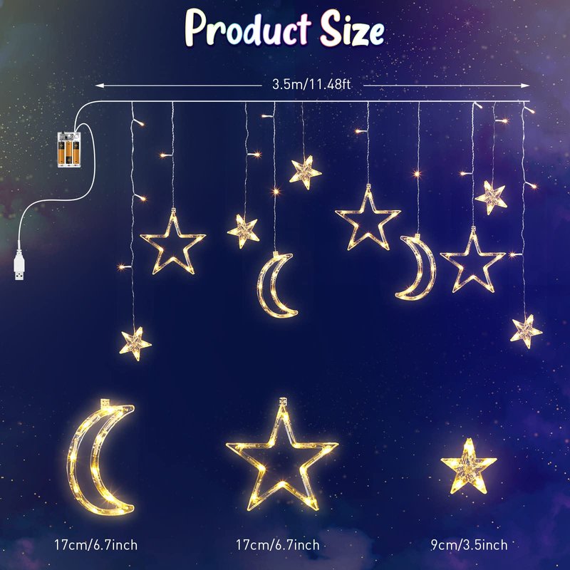 Riakrum 11.48 ft 21 LED Star and Moon String Lights Plug in Christmas Warm White Fairy Light Waterproof Decor for Bedroom USB Powered LED Curtain Light with USB Battery Box Cable Clip Wedding Party
