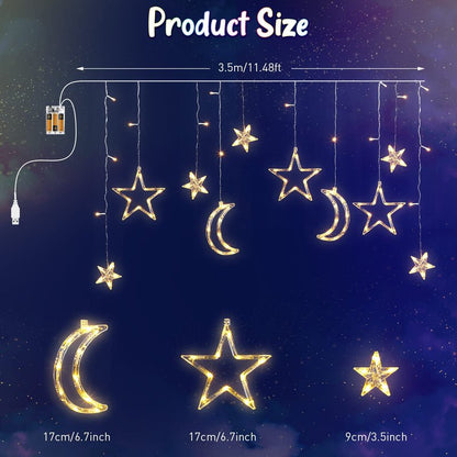 Riakrum 11.48 ft 21 LED Star and Moon String Lights Plug in Christmas Warm White Fairy Light Waterproof Decor for Bedroom USB Powered LED Curtain Light with USB Battery Box Cable Clip Wedding Party