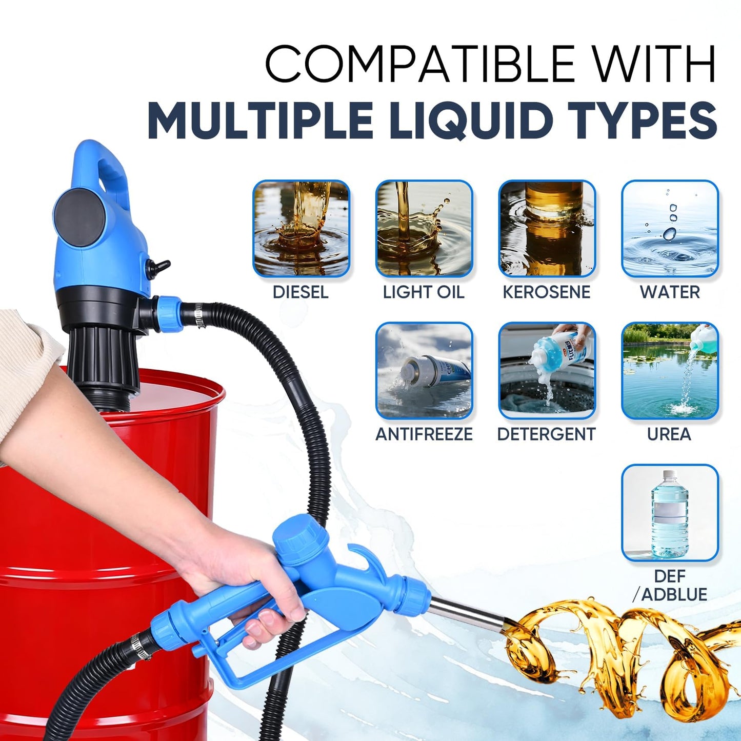 Electric Drum Barrel Pump, 110V-240V AC/ 12V DC Power, 55 Gallon Electric Transfer Pumps with 2-Inch Bung Adapter, 5 GPM Flow Rate, Suitable for DEF, Diesel, Water, Antifreeze