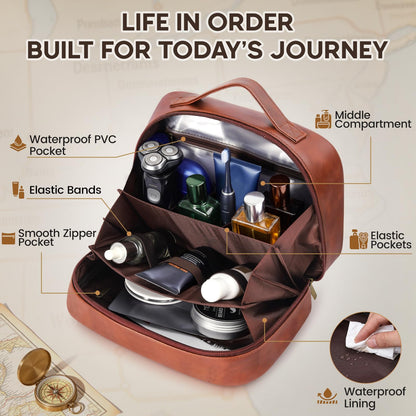 MaqSacion Mens Toiletry Travel Bag,PU Leather Toiletry Bag for Men,Water-Resistant Travel Bag for Toiletries,Brown Shaving Bag for Men, Mens Birthday Gift Ideas for Fathers Day Men Him Husband Dad