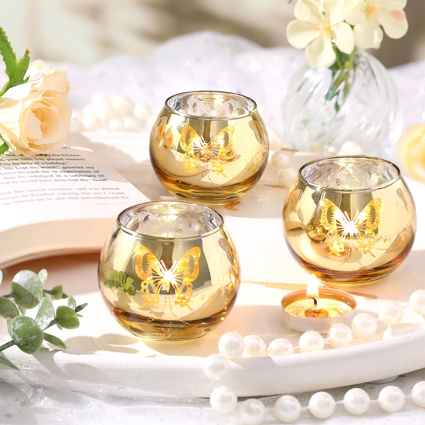 Gold Votive Candle Holders Set, 12 PCS Tea Lights Candle Holder Decorative Bulk with Butterfly Pattern, Candle Holders for Wedding, Birthday, Anniversary, Parties, and Holiday Decorations