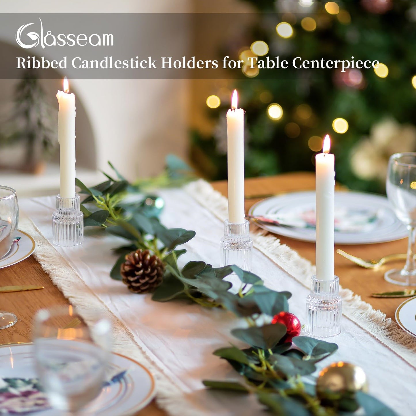 Glass Candlestick Taper Candle Holder: Glasseam Set of 2 Small Candle Holders for Candlesticks, Modern Crystal Clear Tapered Candle Stick Holder for Wedding Dining Table Centerpiece Christmas Decor