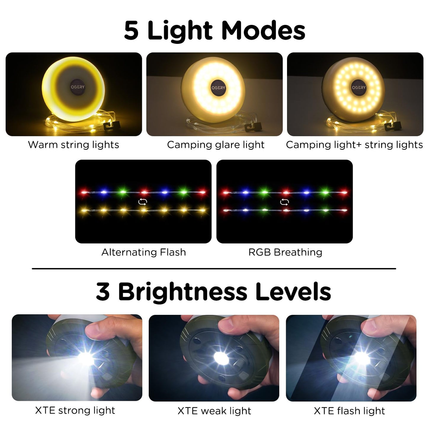 OGERY Camping String Lights, 4 in 1 Quick Storage 32.8FT Rechargeable Tent Lights String with 8 Lighting Modes, Hanging Waterproof Portable LED Lamp for Outdoor Patio Awning Garden Party Essentials