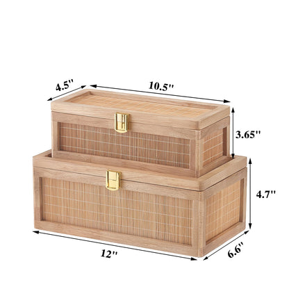 HuiDao Rattan Decorative Box, Boho Display Boxes with Lids, Set of 2 Rectangular Wicker Storage Basket, Natural Woven Cane Bins for Home Decor (Rectangular)