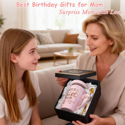Mothers Day Birthday Gifts for Mom from Daughter Son - 14Oz Funny Best Mom Mug with Gold Print, Unique Pink Marble Coffee Cup with Lid Spoon Greeting Card, Happy Moms Gifts Idea, Luxury Gift Boxed Set