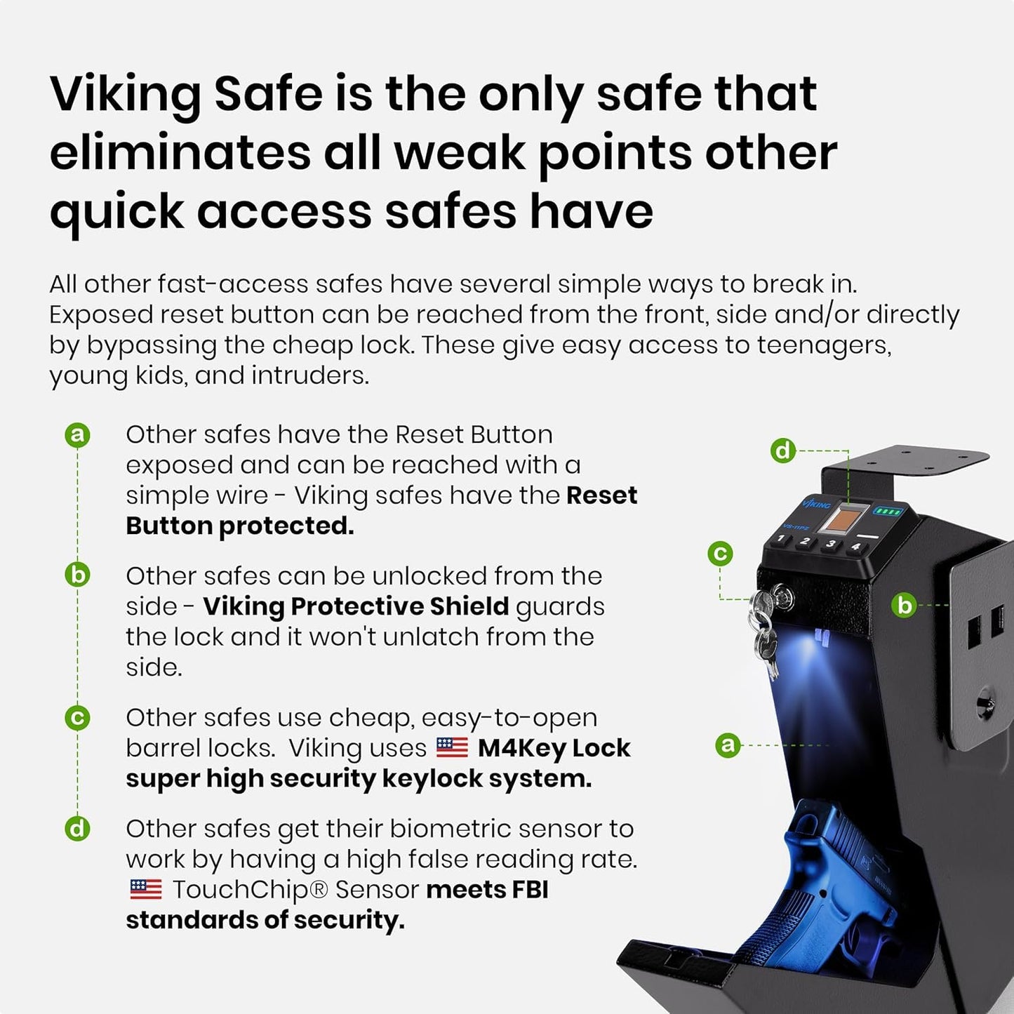 Biometric Handgun Gun Safe with FBI-Certified Fingerprint Sensor, Quick Access Pistol Safe for Bedside Home Defense, Anti-Spoof Security, Silent Mode, LED, Key Backup Viking Security Safe VS-11PZ