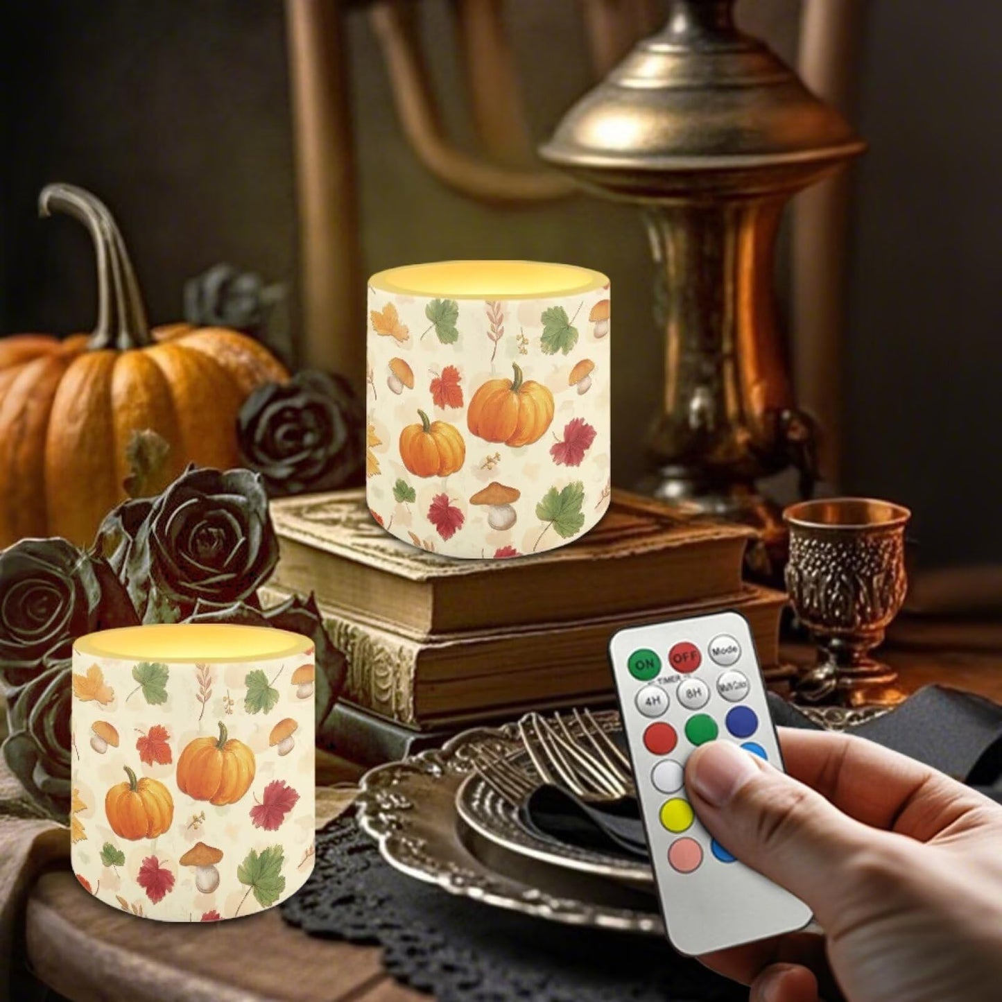 Cozeyat Fall Pumpkin Sunroom LED Candles Set of 4 Battery Powered Flameless with Remote Timer Flickering Flame Waterproof for Home Beach Garden Decoration