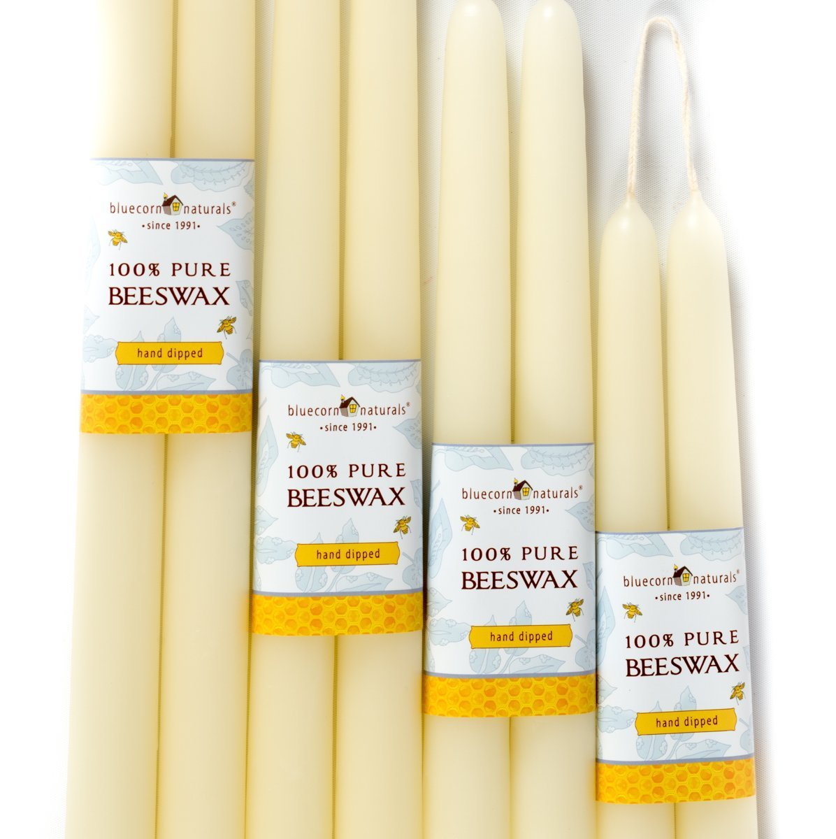 Bluecorn Beeswax Taper Candles, 100% Pure Natural Bees Wax, Pair of 10 Inch Ivory White Tapered Candlesticks, Clean Burning & Dripless, Fragrance Free, Long Lasting, Home Decor, American Made, 8 Pack
