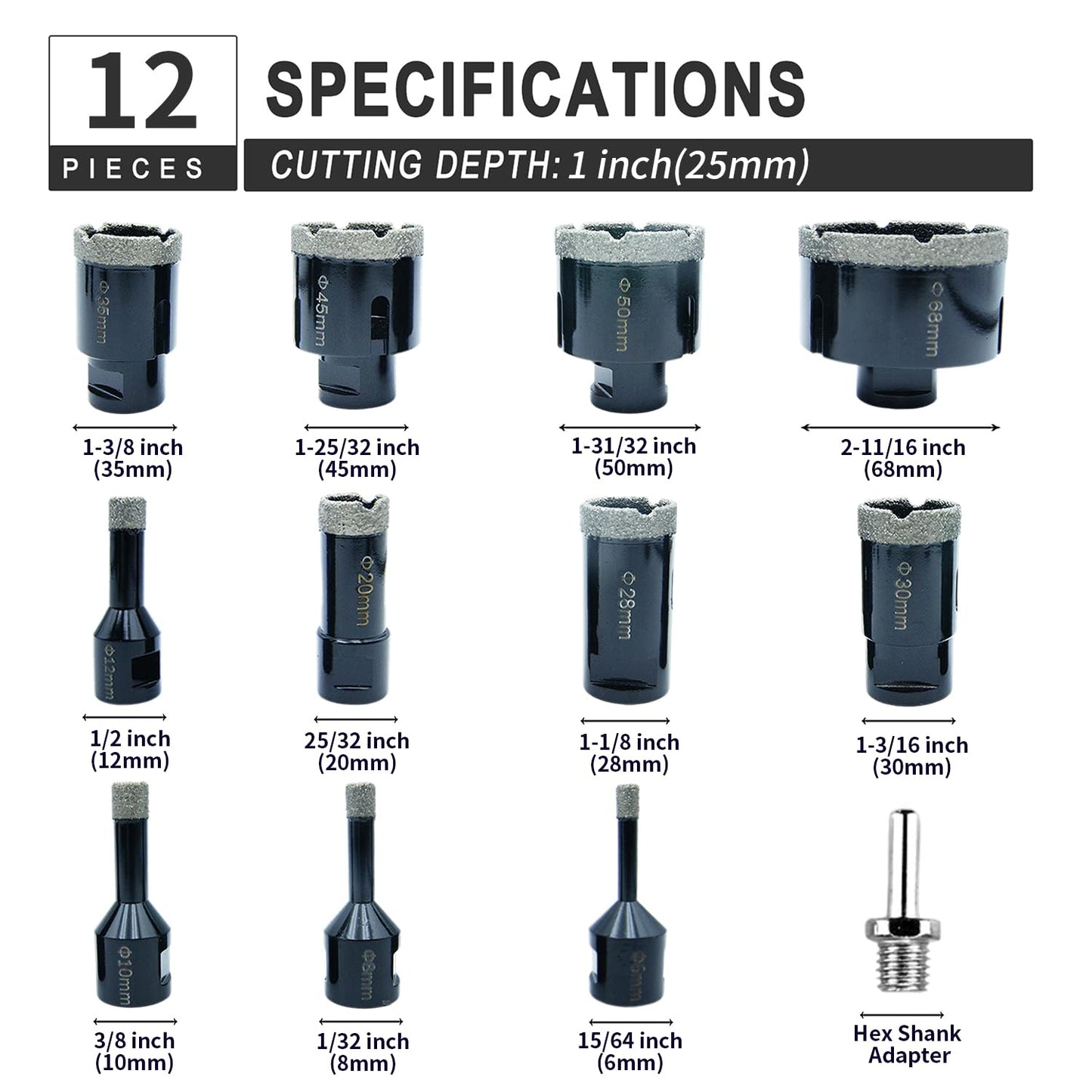 M14 Diamond Drill Bit Set LAIWEI 12PCS Tile Hole Saw Set Includes 1/4”-2-3/4” Hole Cutters and Hex Shank Adape, Ceramics, Marble, Granite, etc.