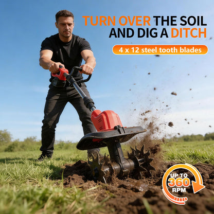 Cordless Electric Tiller for Gardening, Garden Tiller, Cordless Cultivator, Rototiller, 800W Brushless Motor w/ 2X 6.0Ah Batteries, 9" Tilling Width & 6.6" Depth, 360 RPM, 4 Steel Blades, Hand Tiller