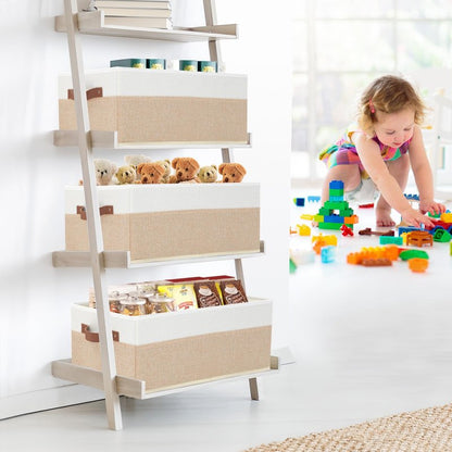 Closet Organizer Bins 3 Pack, Large Storage Bins for Shelves, Foldable Closet Storage Boxes Baskets with Leather Handles for Organizing Clothes, Sheets, Jeans, Toys, Books（Begie）