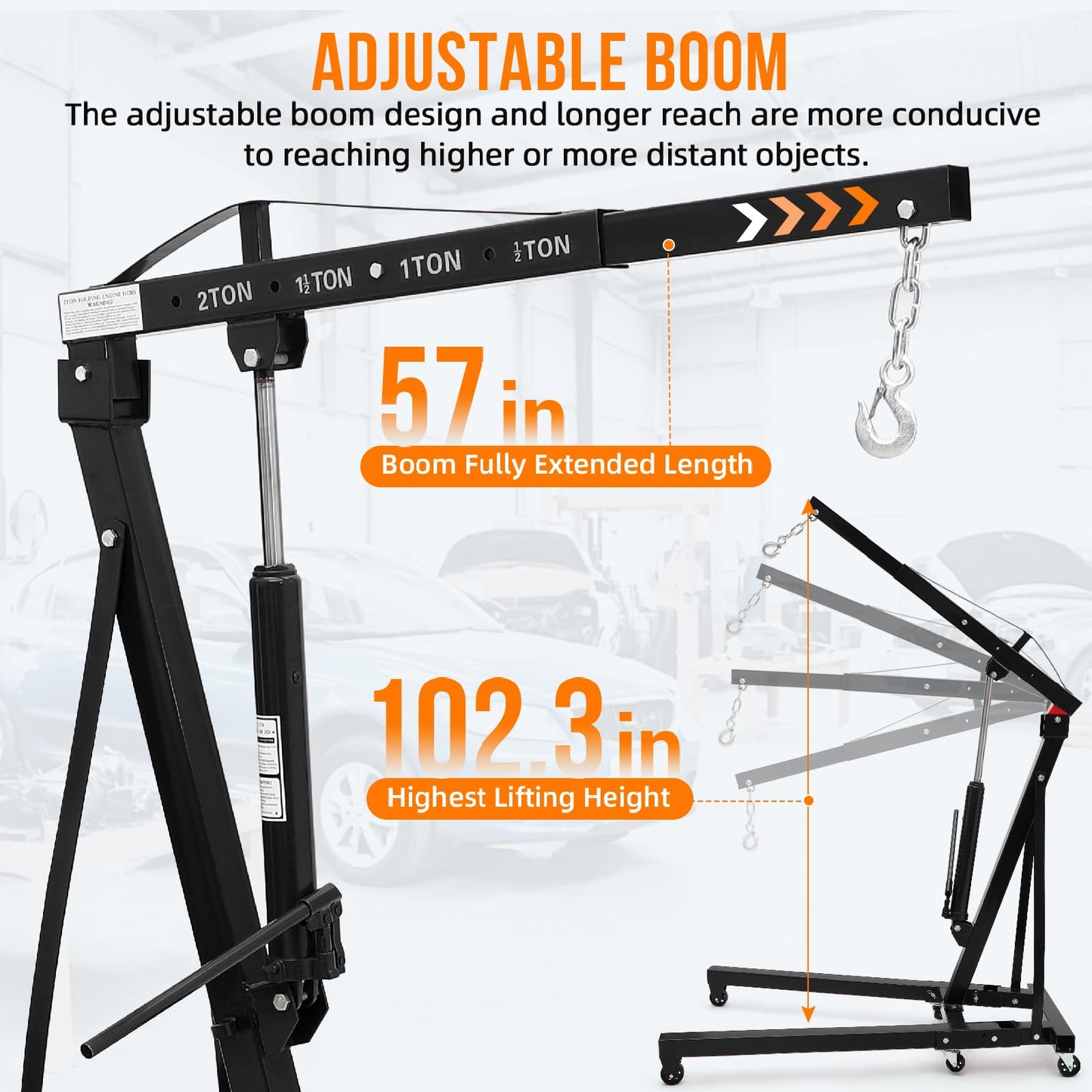 Hydraulic Engine Hoist 2 Ton, Cherry Picker Shop Crane with 6 Casters and Telescopic Boom, 4400 Lbs Heavy Duty Engine Hoist Crane Lift for Garage, Workshop, Automotive Repair, Black