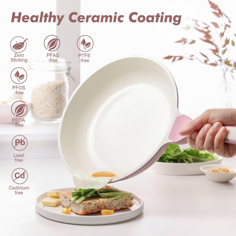 SENSARTE Nonstick Ceramic Frying Pan with Lid 11 Inch Omelet Pan Skillet, Free of Intentionally Added PFAS/PTFE Non-toxic Chef's Pan Induction Compatible Pan, Heat Resistant Handle, Sakura Pink