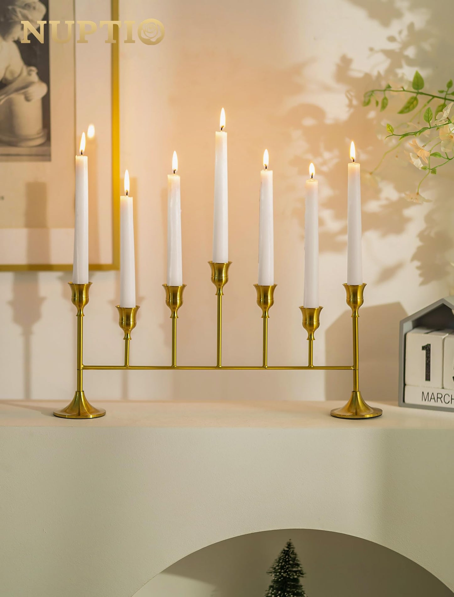 NUPTIO Gold Candle Holders for Centerpiece: Brass Taper Candelabra for Weeding Party - Candlestick Holder Set of 2 for Christmas Fireplace Table Decor