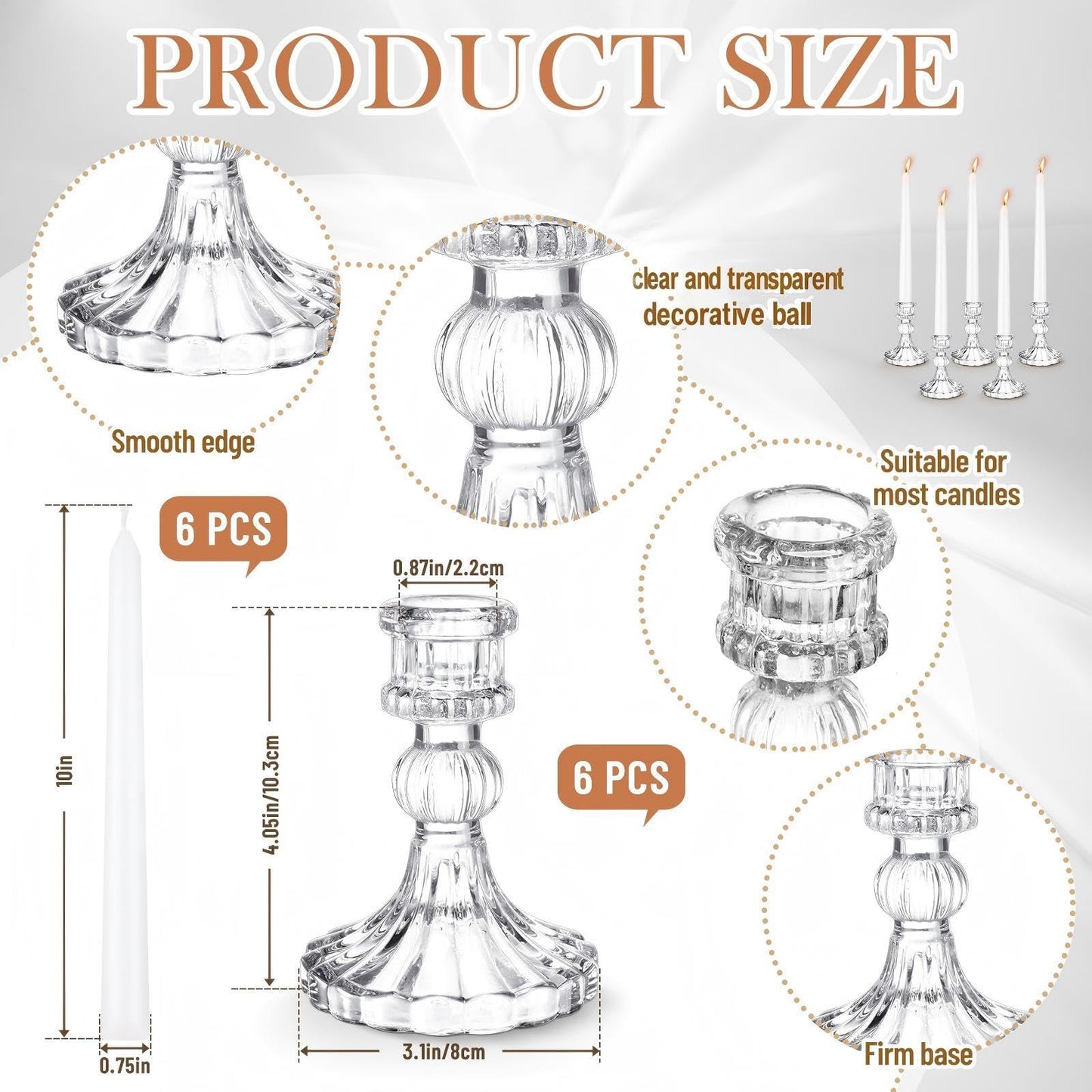 Suclain 12 Pcs Wedding Candlestick Holders Taper Candles Set Clear Glass Candle Holder and White Tapered Candles Dripless Tall Candle Sticks for Wedding Party Table Favor(Transparent)