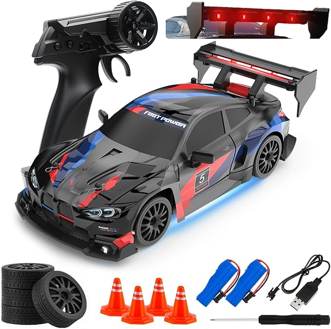 RC Drift Car 1:24 Scale Remote Control Vehicle for Kids2.4GHz 20KM/H 4WD High Speed RC Cars with LED Light Two Batteries &amp Drifting Tires Racing Sport Toy Cars for Adults Boys Girls Kids 8607BK